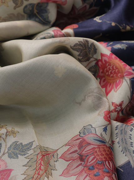 Cream - Navy Blue Tussar Embroidery Silk Saree