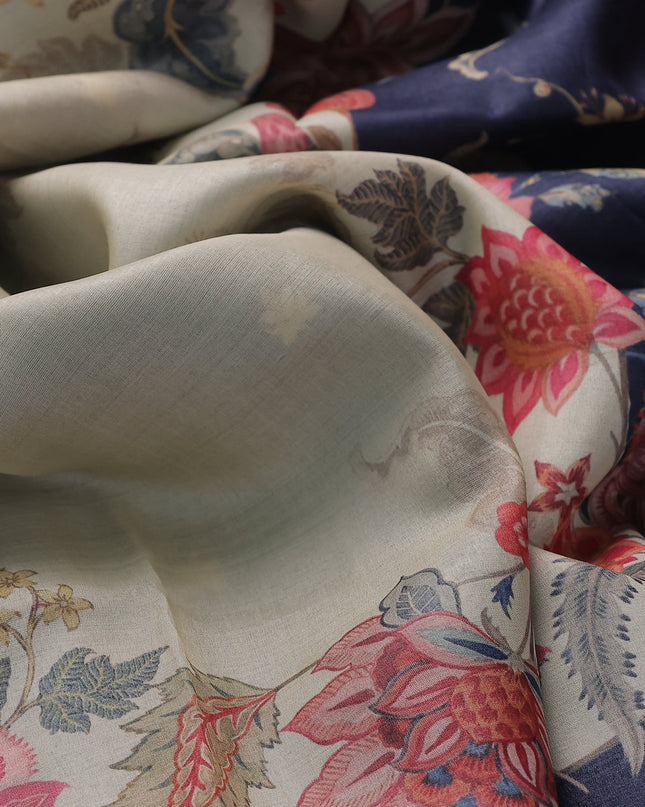 Cream - Navy Blue Tussar Embroidery Silk Saree
