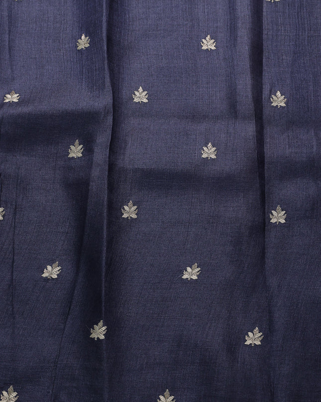 Cream - Navy Blue Tussar Embroidery Silk Saree
