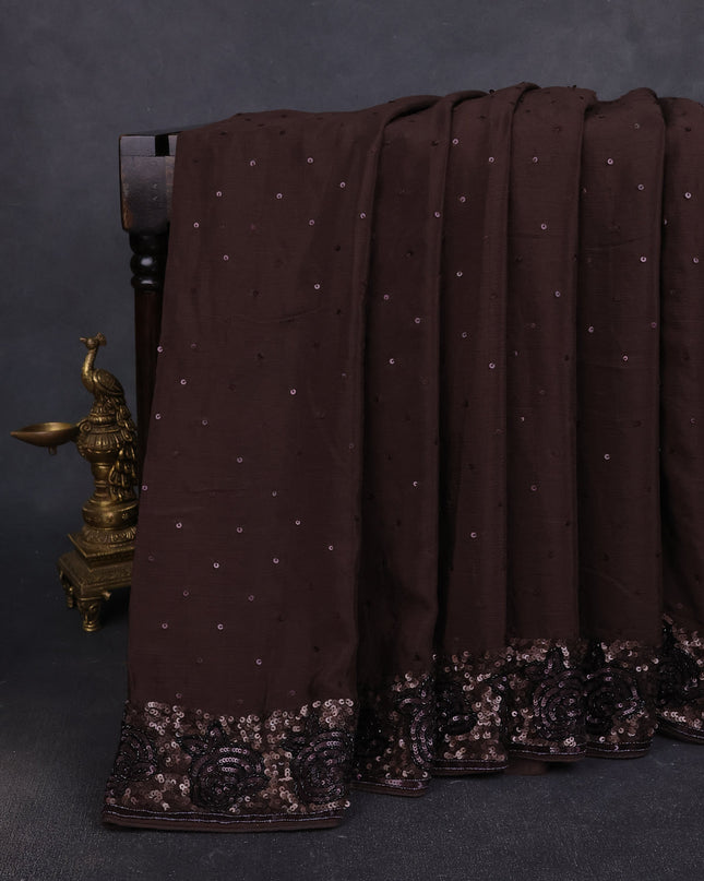 Coffee Brown Satin Crepe Embroidery Saree