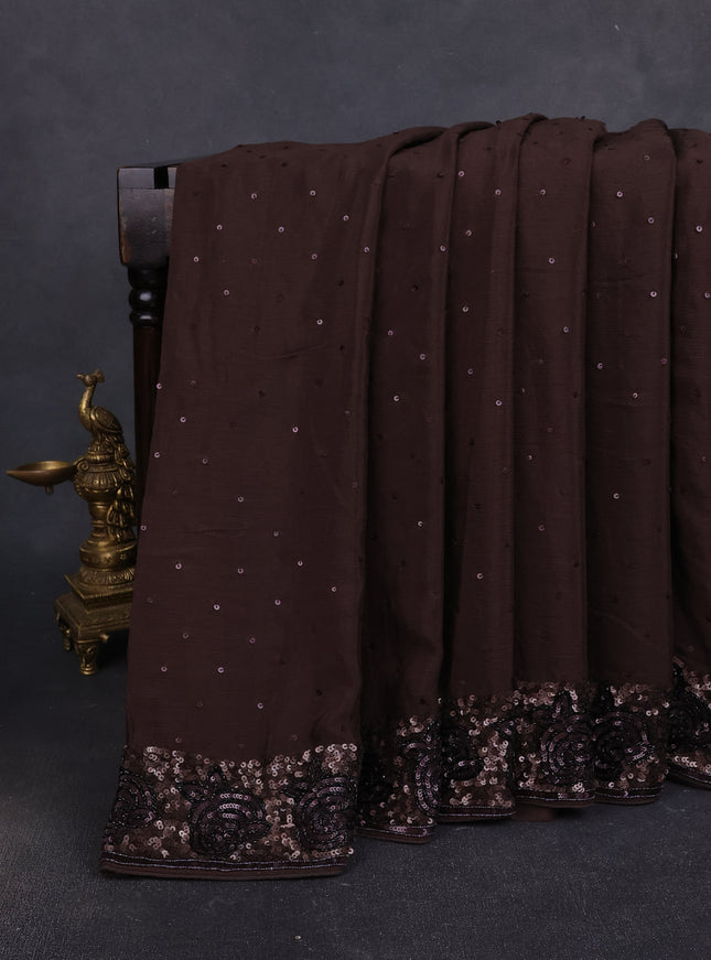 Coffee Brown Satin Crepe Embroidery Saree