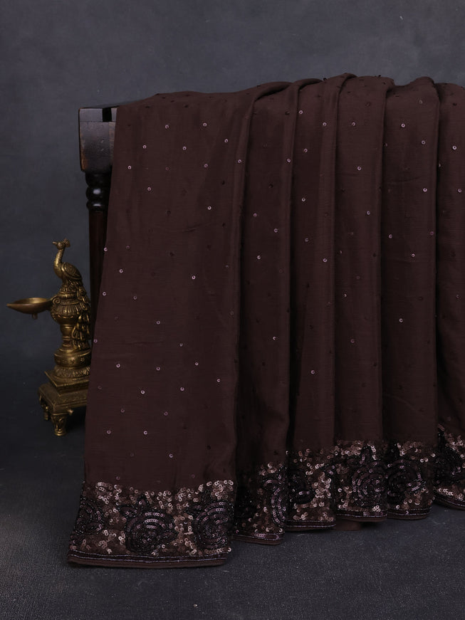 Coffee Brown Satin Crepe Embroidery Saree