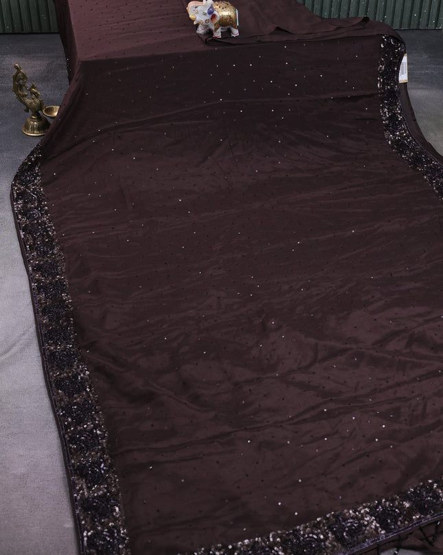 Coffee Brown Satin Crepe Embroidery Saree