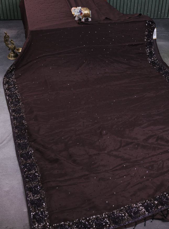 Coffee Brown Satin Crepe Embroidery Saree