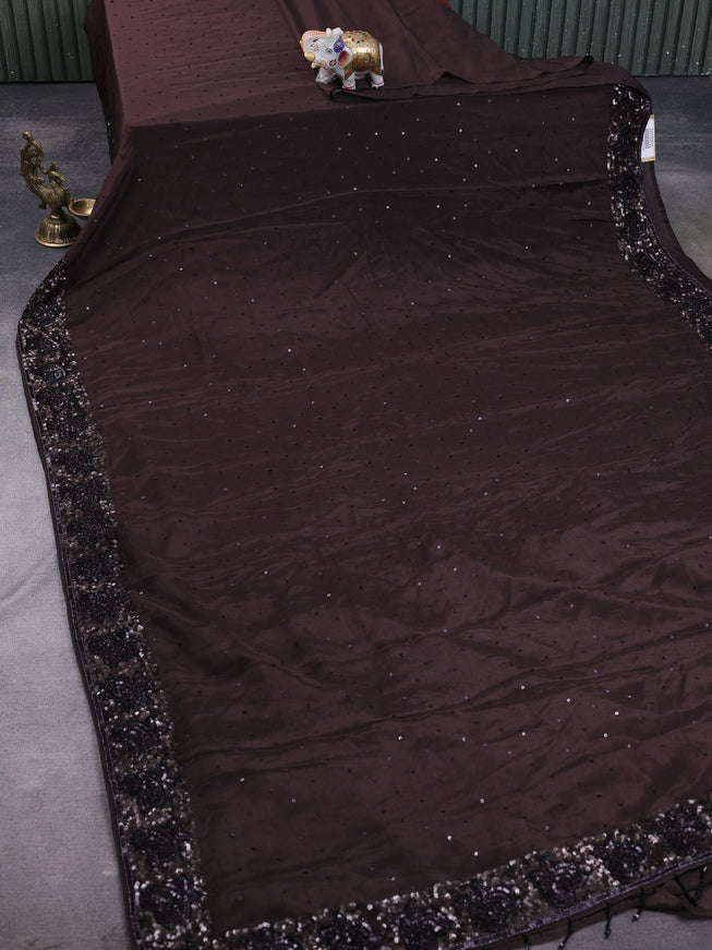 Coffee Brown Satin Crepe Embroidery Saree