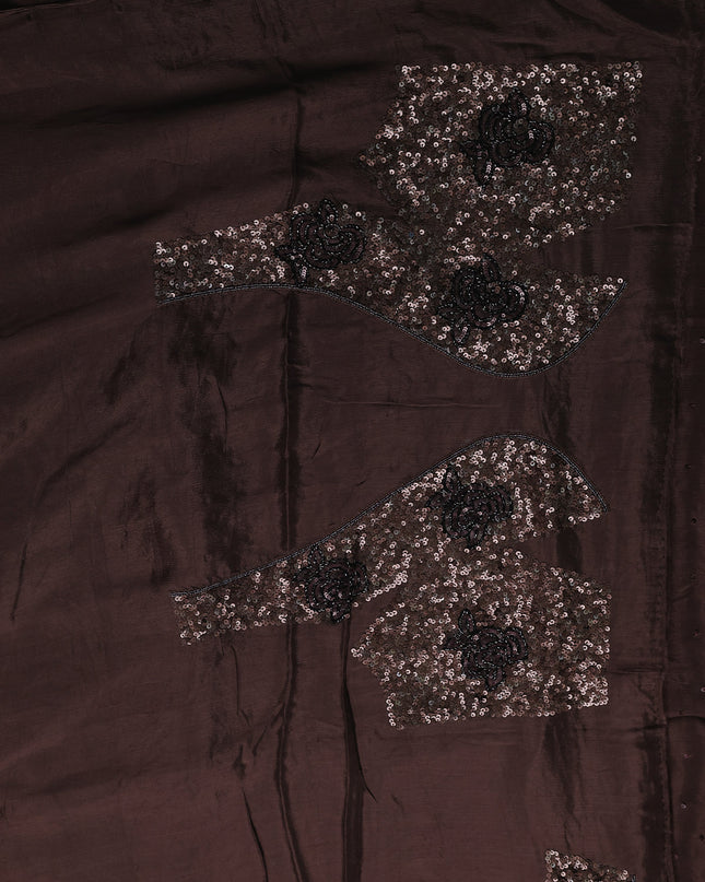Coffee Brown Satin Crepe Embroidery Saree