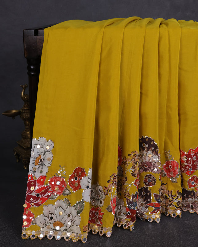 Mustard Yellow Satin Crepe Embroidery Saree With Sequin Readymade Blouse