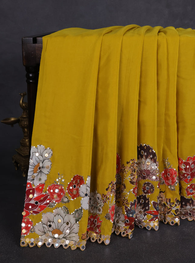 Mustard Yellow Satin Crepe Embroidery Saree With Sequin Readymade Blouse