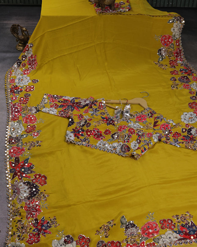 Mustard Yellow Satin Crepe Embroidery Saree With Sequin Readymade Blouse