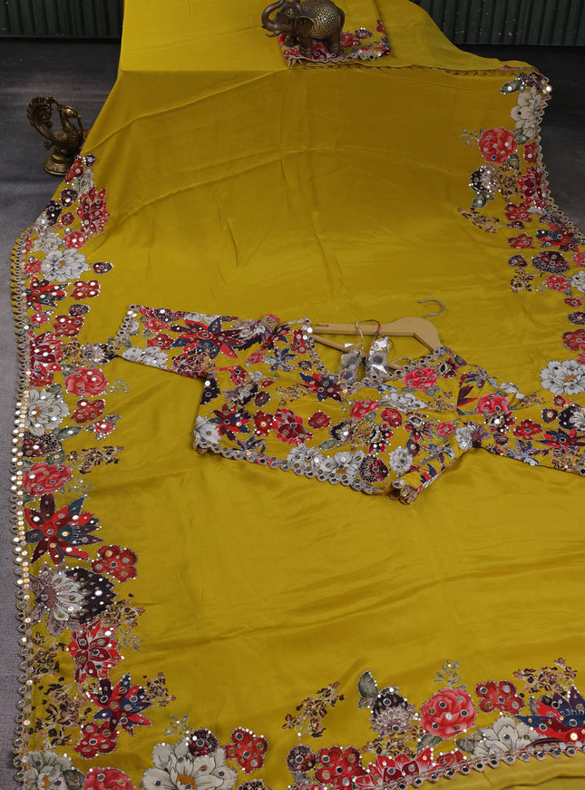 Mustard Yellow Satin Crepe Embroidery Saree With Sequin Readymade Blouse