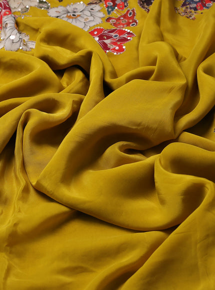 Mustard Yellow Satin Crepe Embroidery Saree With Sequin Readymade Blouse