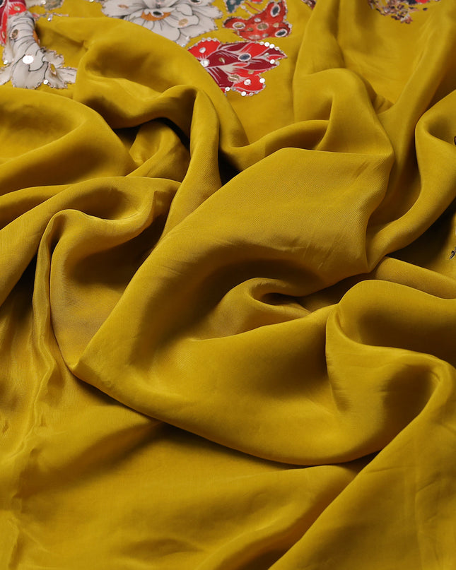 Mustard Yellow Satin Crepe Embroidery Saree With Sequin Readymade Blouse