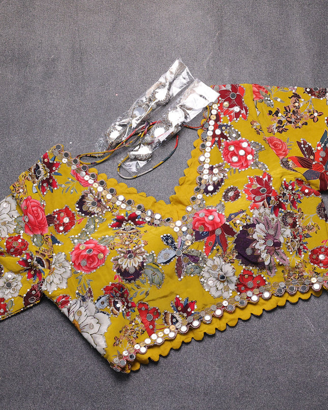 Mustard Yellow Satin Crepe Embroidery Saree With Sequin Readymade Blouse