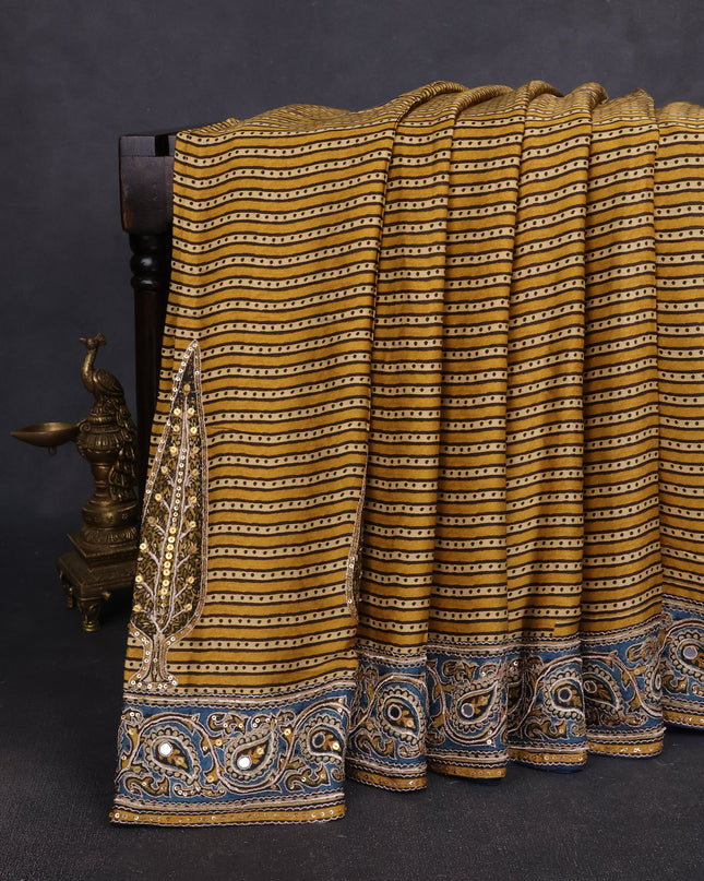 Mustard Yellow - Peacock Blue Satin Crepe Embroidery Saree With Sequin Readymade Blouse