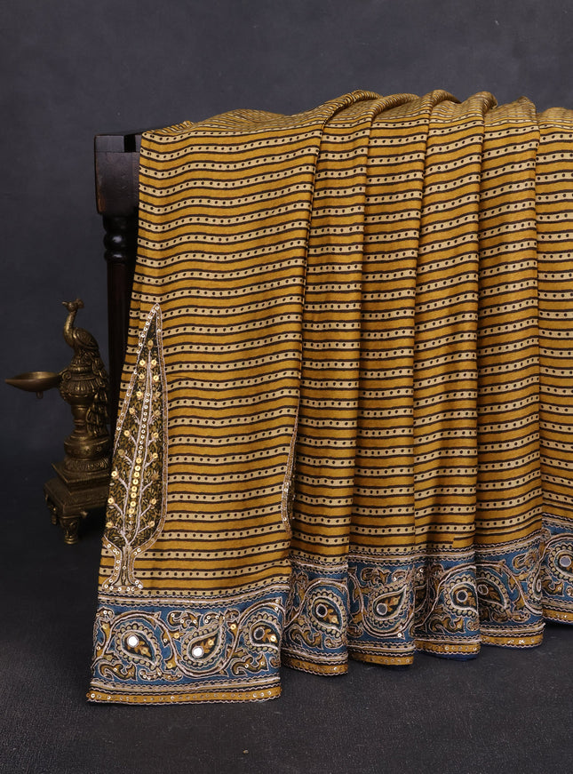 Mustard Yellow - Peacock Blue Satin Crepe Embroidery Saree With Sequin Readymade Blouse