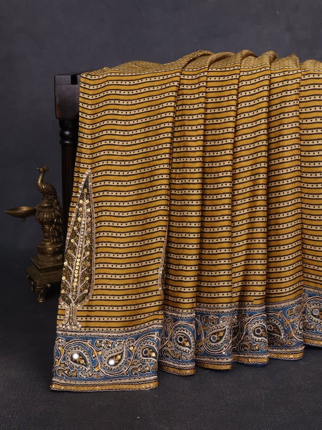 Mustard Yellow - Peacock Blue Satin Crepe Embroidery Saree With Sequin Readymade Blouse