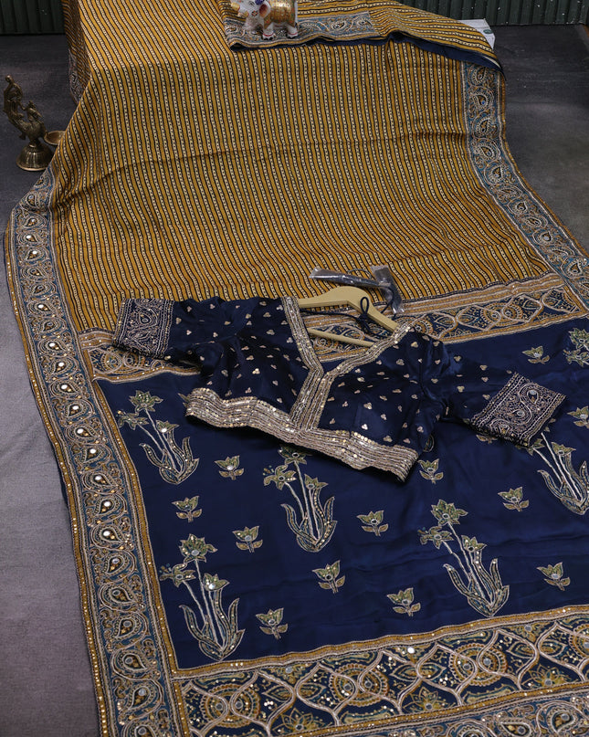 Mustard Yellow - Peacock Blue Satin Crepe Embroidery Saree With Sequin Readymade Blouse
