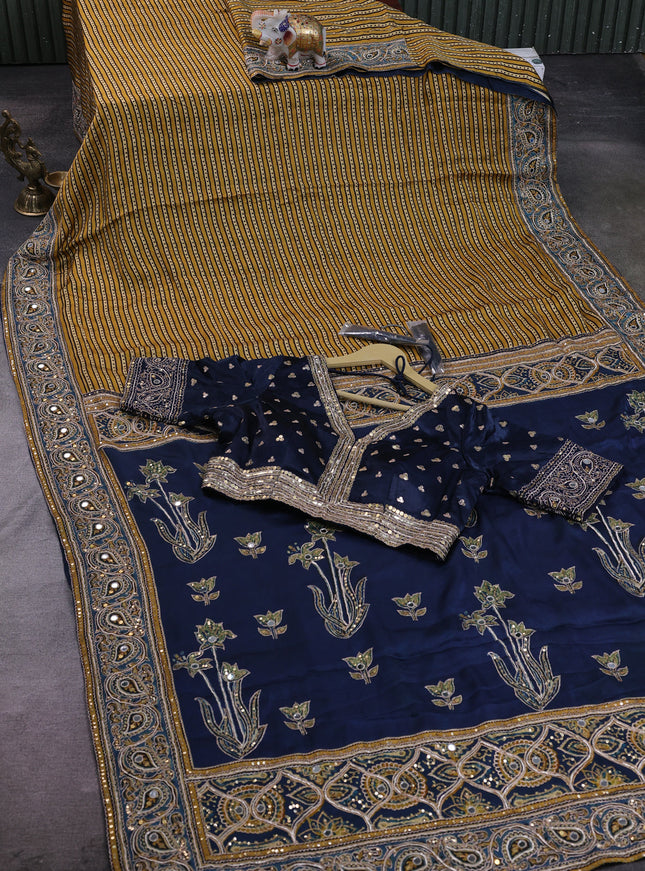 Mustard Yellow - Peacock Blue Satin Crepe Embroidery Saree With Sequin Readymade Blouse