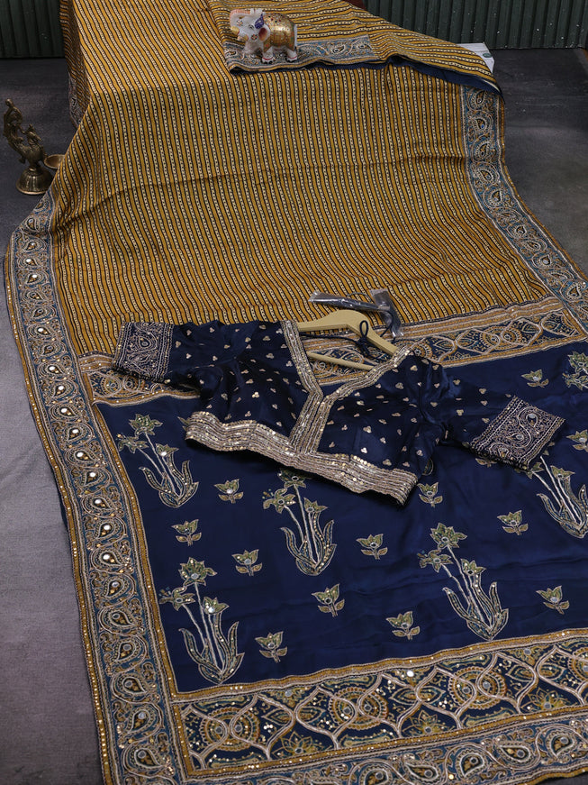 Mustard Yellow - Peacock Blue Satin Crepe Embroidery Saree With Sequin Readymade Blouse