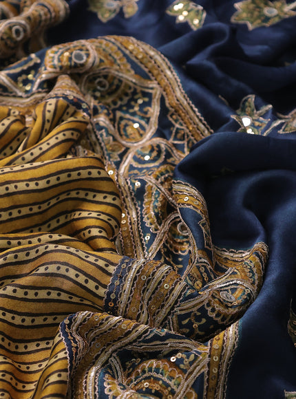 Mustard Yellow - Peacock Blue Satin Crepe Embroidery Saree With Sequin Readymade Blouse