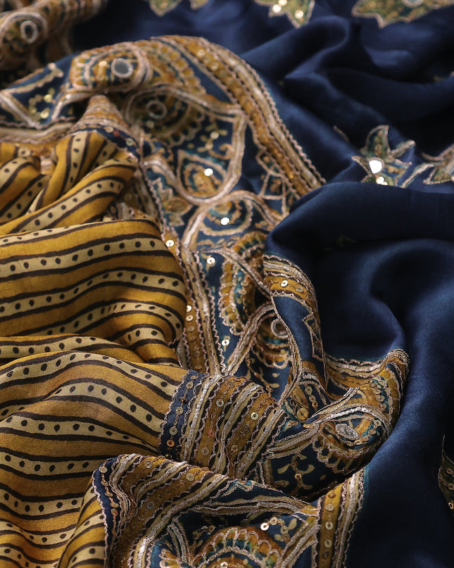 Mustard Yellow - Peacock Blue Satin Crepe Embroidery Saree With Sequin Readymade Blouse