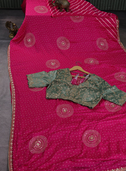 Rani Pink -Pista Green Satin Crepe Embroidery Saree With Sequin Readymade Blouse