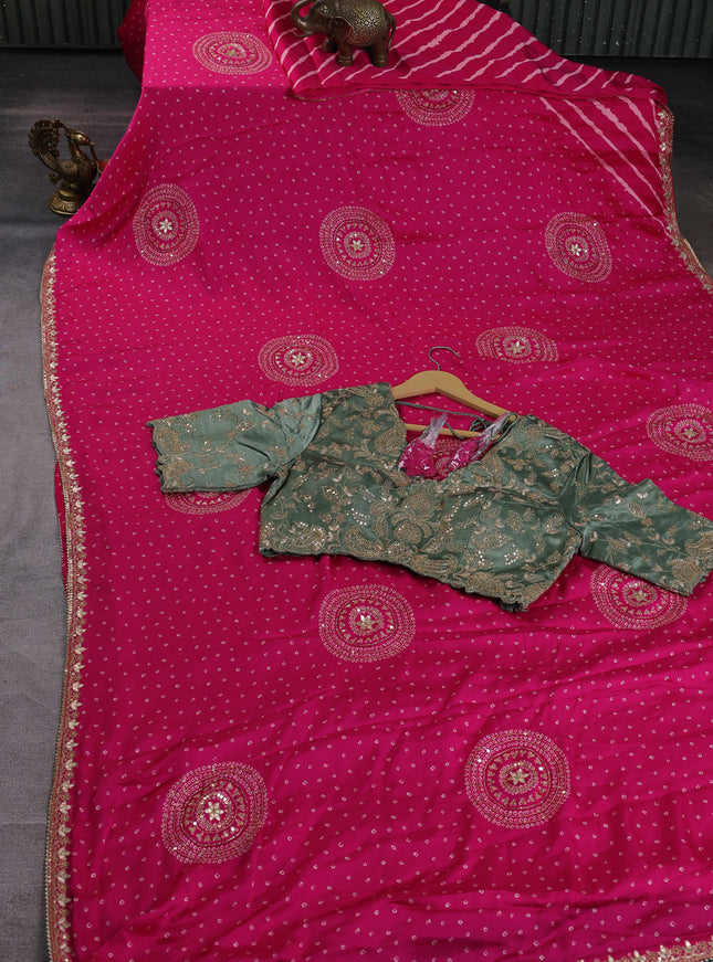 Rani Pink -Pista Green Satin Crepe Embroidery Saree With Sequin Readymade Blouse