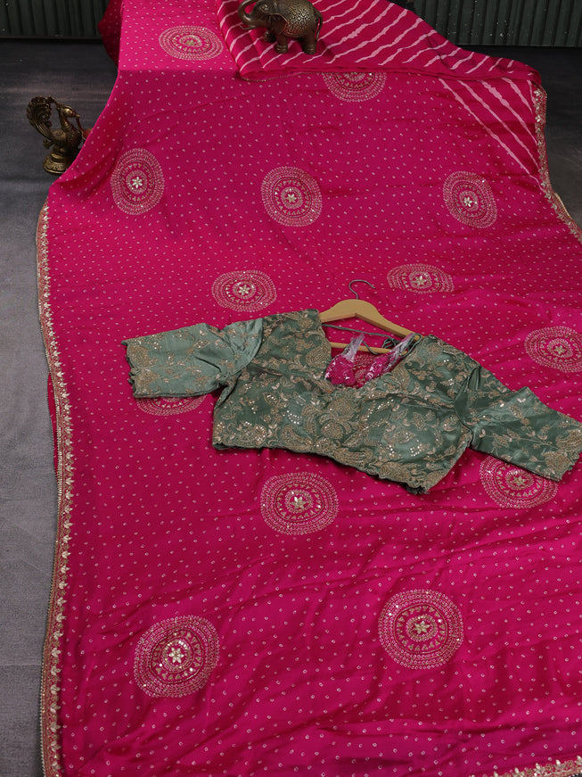 Rani Pink -Pista Green Satin Crepe Embroidery Saree With Sequin Readymade Blouse