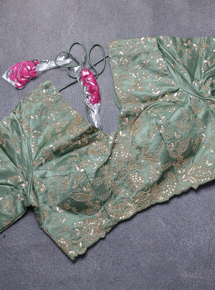 Rani Pink -Pista Green Satin Crepe Embroidery Saree With Sequin Readymade Blouse