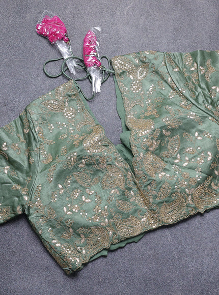 Rani Pink -Pista Green Satin Crepe Embroidery Saree With Sequin Readymade Blouse