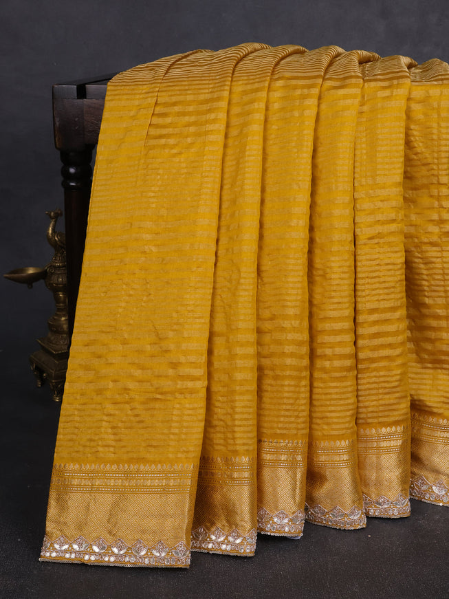 Mustard Yellow -Purple Silk Embroidery Saree With Readymade Blouse