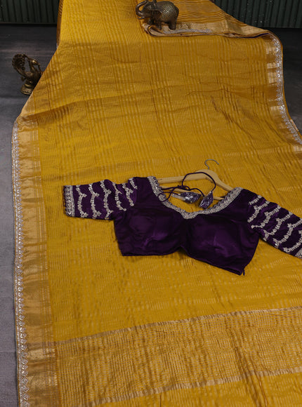 Mustard Yellow -Purple Silk Embroidery Saree With Readymade Blouse