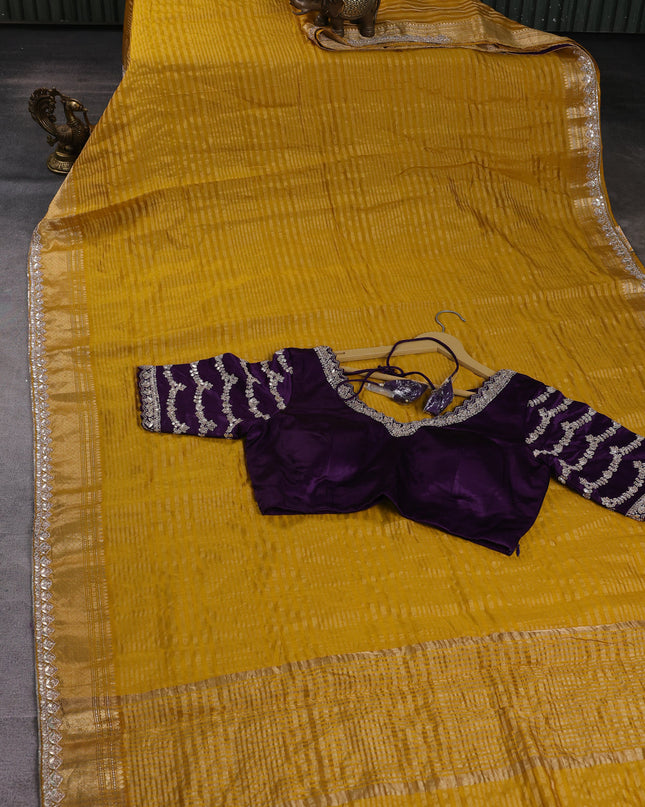 Mustard Yellow -Purple Silk Embroidery Saree With Readymade Blouse