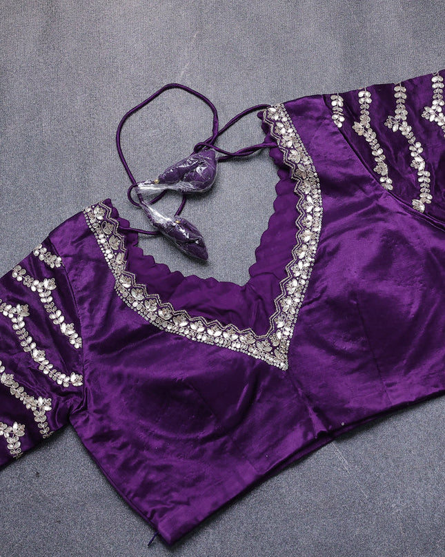Mustard Yellow -Purple Silk Embroidery Saree With Readymade Blouse