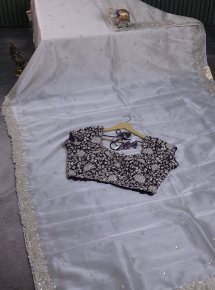 Silver -Purple Tissue Embroidery Saree With Readymade Blouse