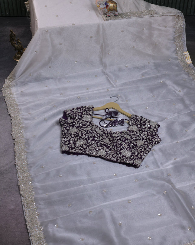 Silver -Purple Tissue Embroidery Saree With Readymade Blouse