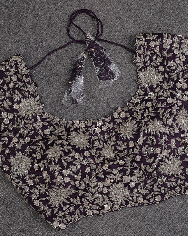 Silver -Purple Tissue Embroidery Saree With Readymade Blouse