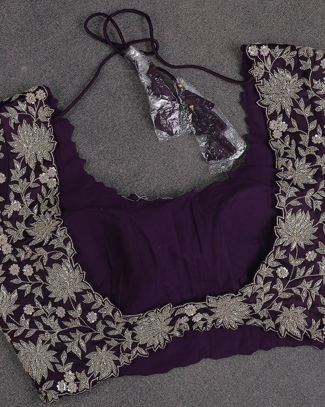 Silver -Purple Tissue Embroidery Saree With Readymade Blouse