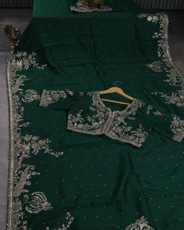 Bottle Green Silk Embroidery Saree With Readymade Blouse