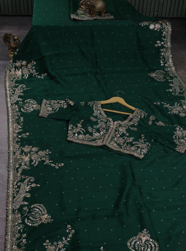 Bottle Green Silk Embroidery Saree With Readymade Blouse