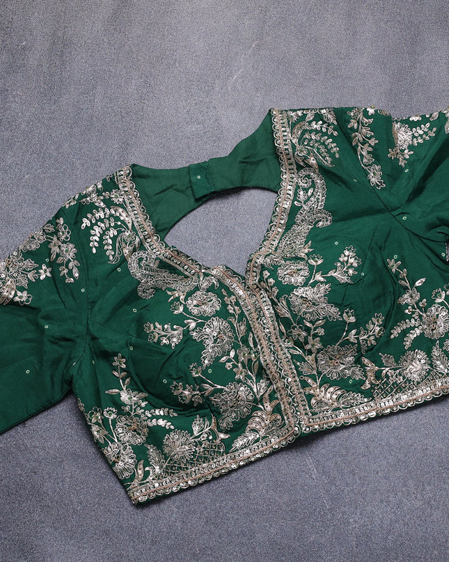 Bottle Green Silk Embroidery Saree With Readymade Blouse