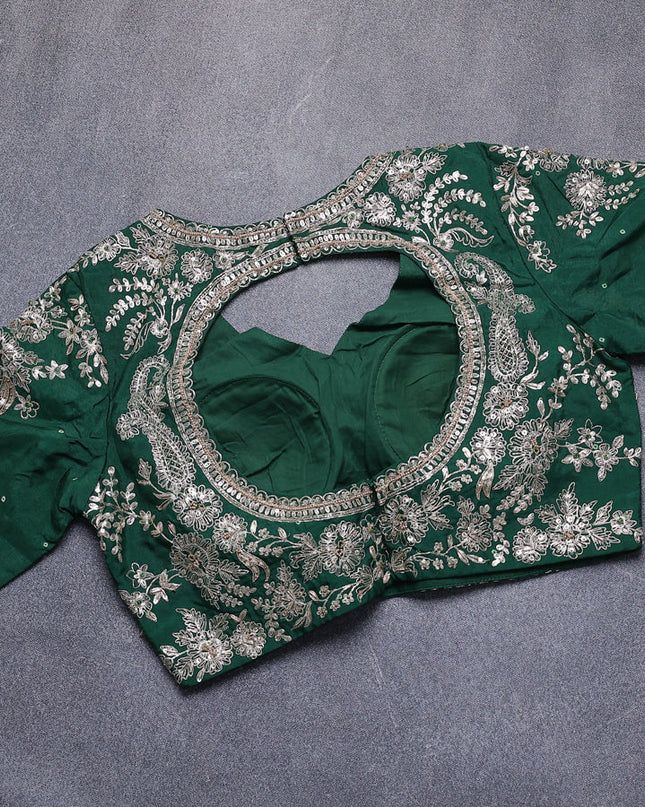 Bottle Green Silk Embroidery Saree With Readymade Blouse