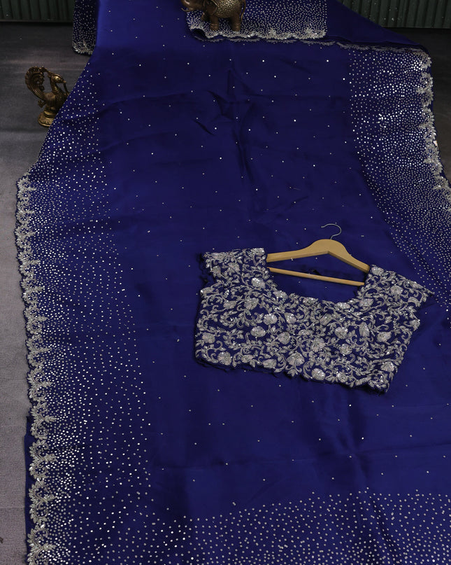 Blue Organza Embroidery Saree With Readymade Blouse