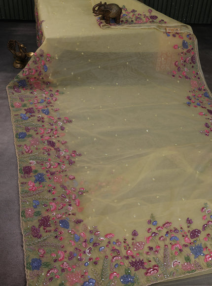 Pale Yellow Organza Embroidery Saree