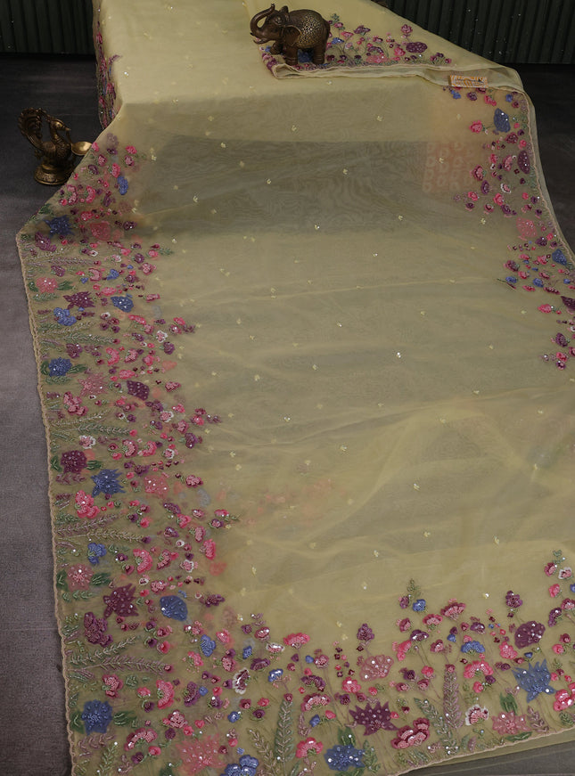 Pale Yellow Organza Embroidery Saree