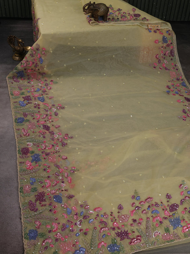 Pale Yellow Organza Embroidery Saree
