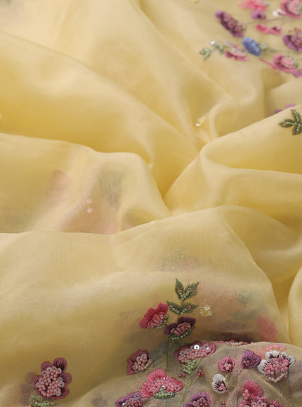 Pale Yellow Organza Embroidery Saree