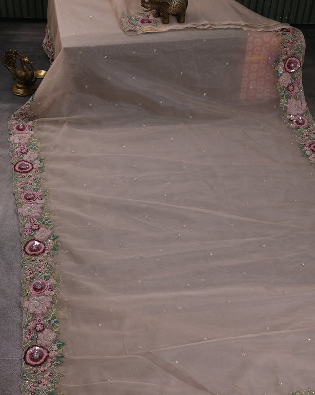Beige Organza Embroidery Saree