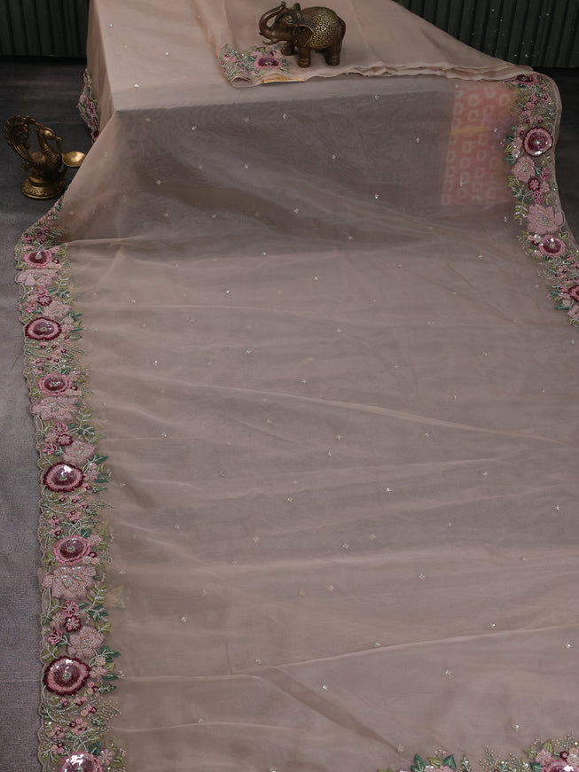 Beige Organza Embroidery Saree