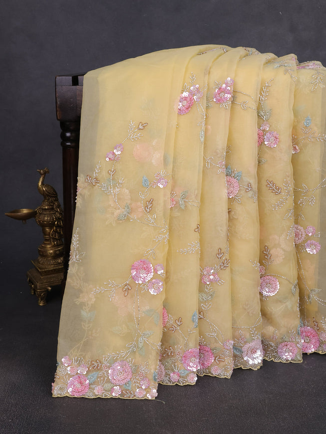 Light Yellow Organza Embroidery Saree